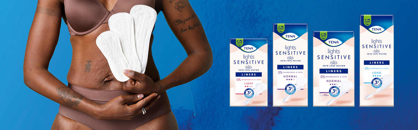 Woman holding up the three different TENA Lights pads Woman holding up the three different TENA Lights pads